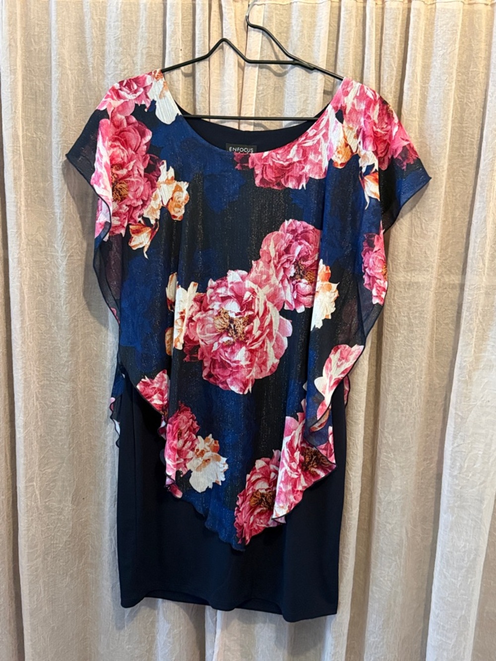 Enfocus Studio Navy Midi Dress with Pink Floral Cape